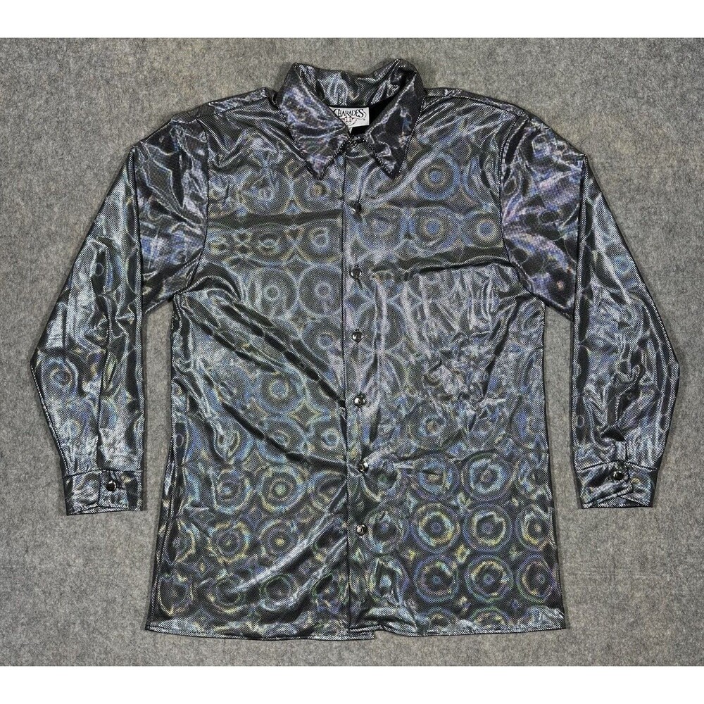 Charades Silver Circles Disco Shirt Men’s L Button Up Long Sleeve Costume Shiny